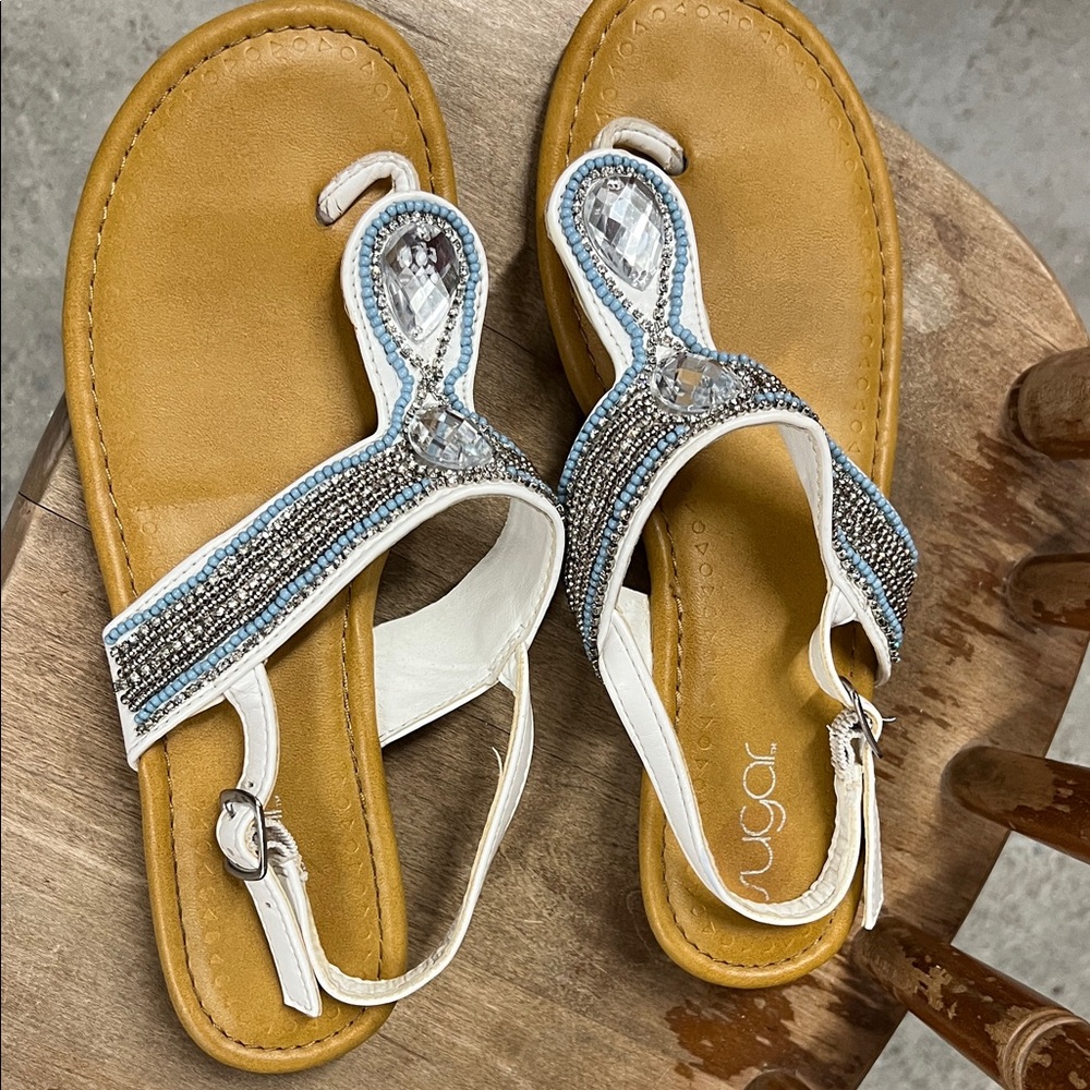 Sugar Women's Sandals with Beaded Accents - Tan and White